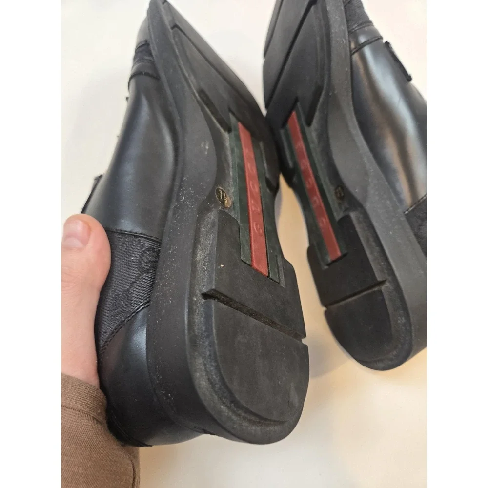 Gucci Shoes Mens Size 7.5 Black Strap Leather Canvas Logo Made In Italy